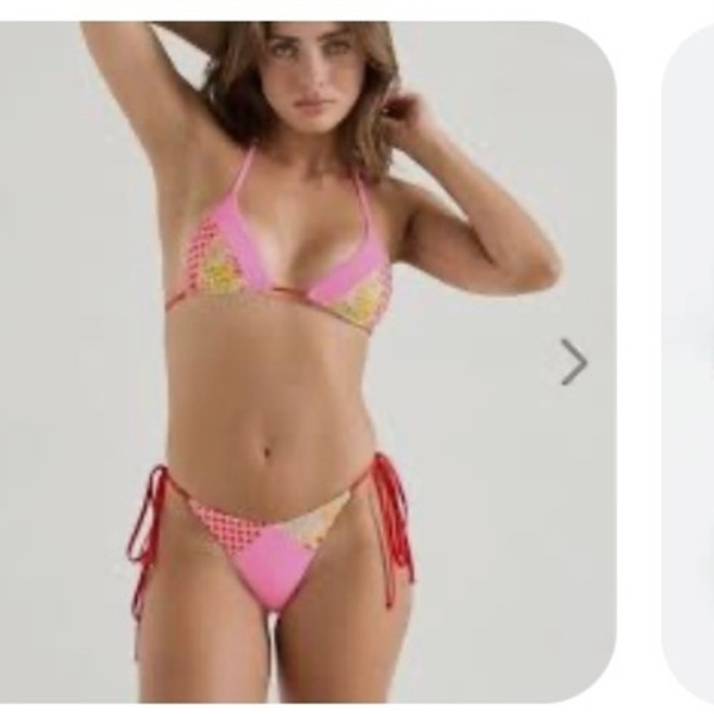 OneOne Swimwear 2 Piece String Bikini Pink Red Floral Check Womens Large